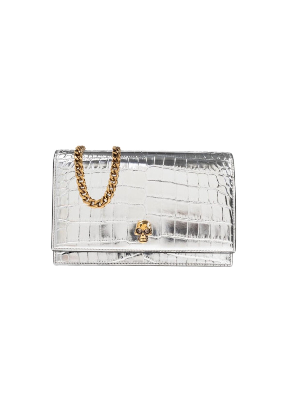 Alexander McQueen Small Skull Croc-Embossed Leather Crossbody Bag – Silver – Women