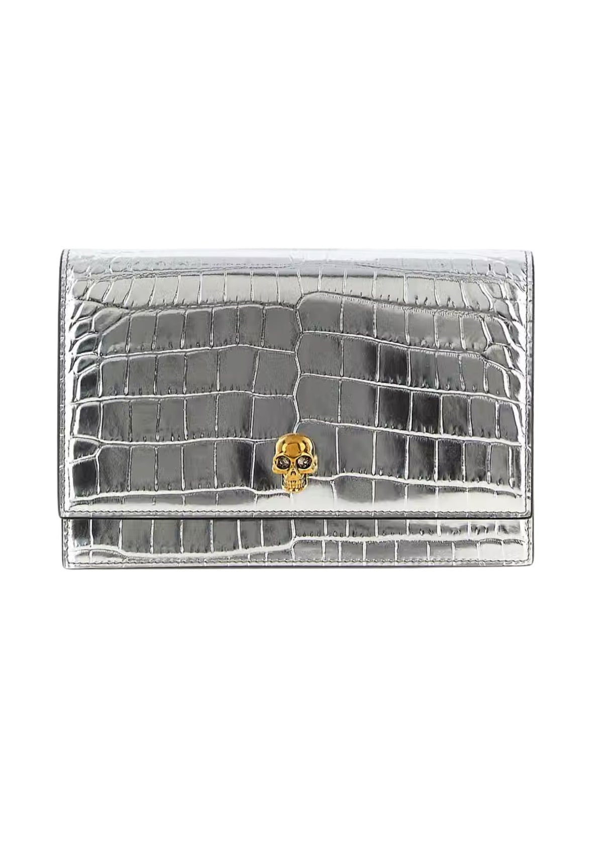 Alexander McQueen Small Skull Croc-Embossed Leather Crossbody Bag – Silver – Women