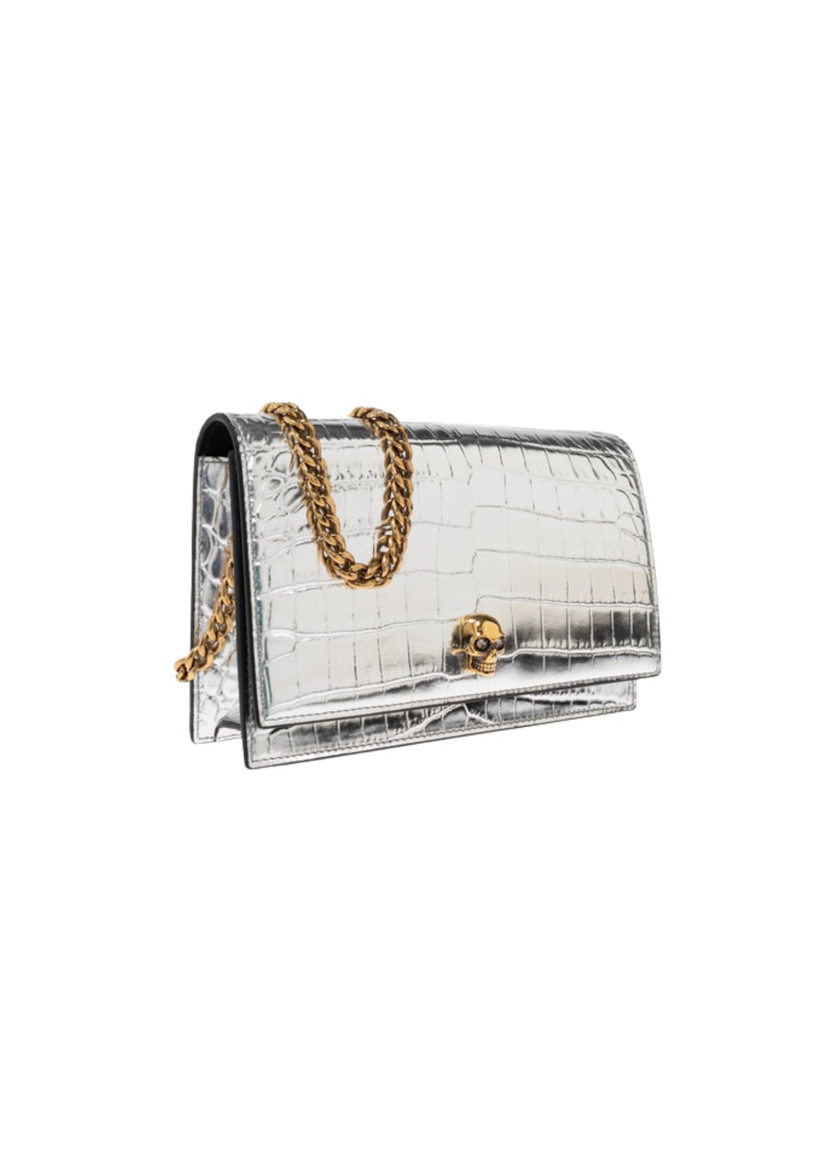 Alexander McQueen Small Skull Croc-Embossed Leather Crossbody Bag – Silver – Women