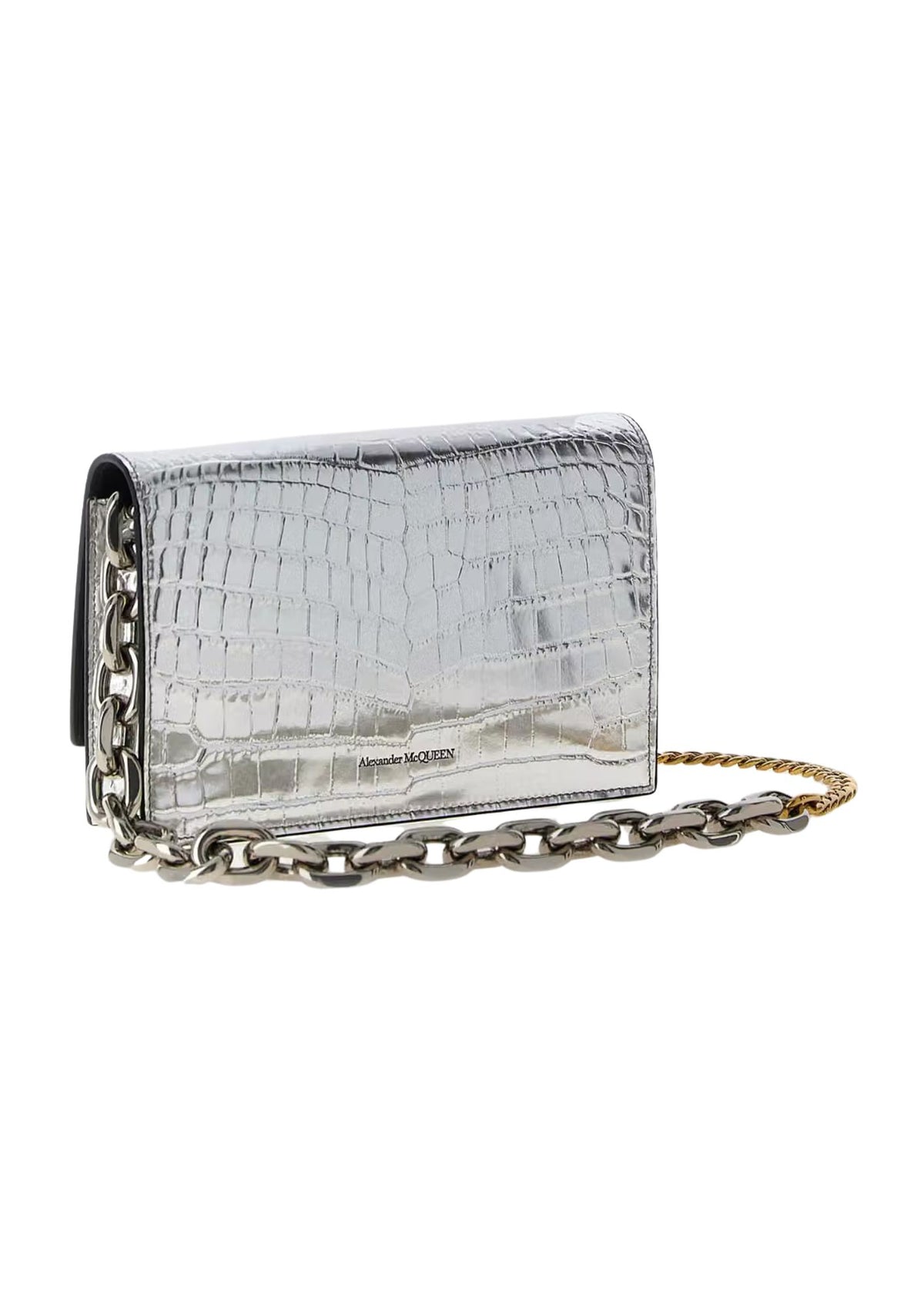 Alexander McQueen Small Skull Croc-Embossed Leather Crossbody Bag – Silver – Women