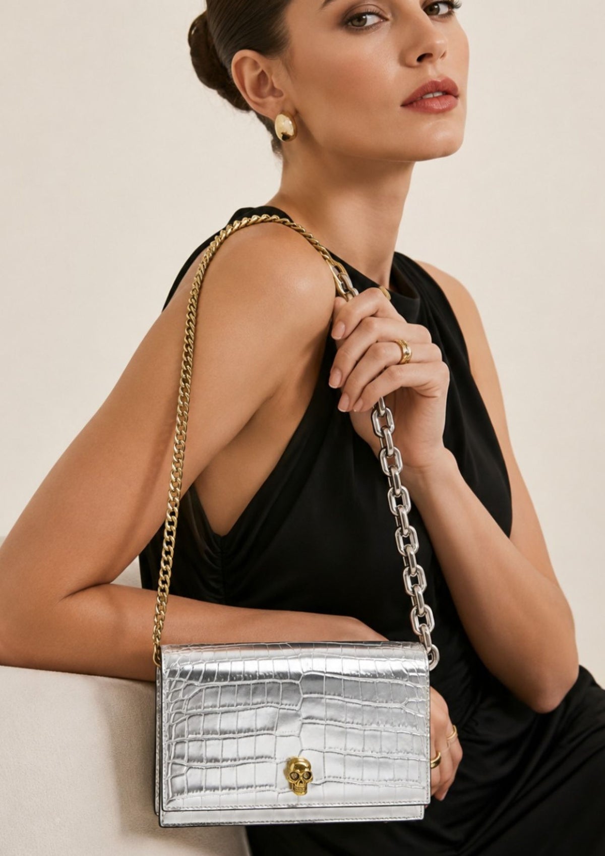 Alexander McQueen Small Skull Croc-Embossed Leather Crossbody Bag – Silver – Women