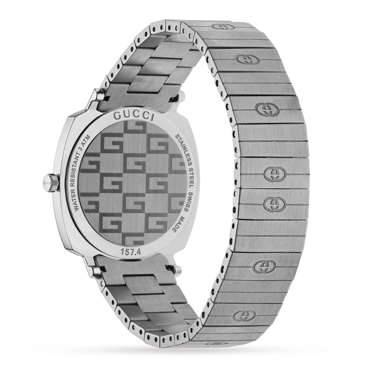 Gucci Grip 35mm Stainless Steel Watch – Silver – Unisex – caseback and bracelet view