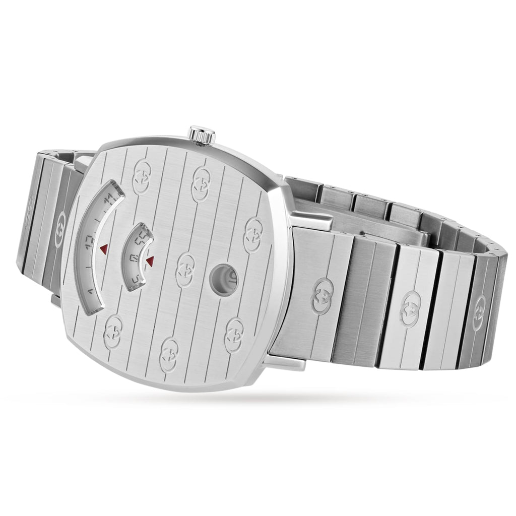 Gucci Grip 35mm Stainless Steel Watch – Silver – Unisex – angled case and bracelet view