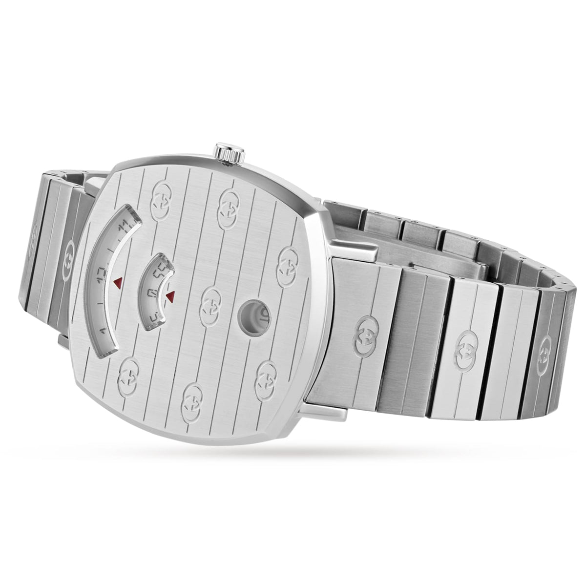 Gucci Grip 35mm Stainless Steel Watch – Silver – Unisex – angled case and bracelet view