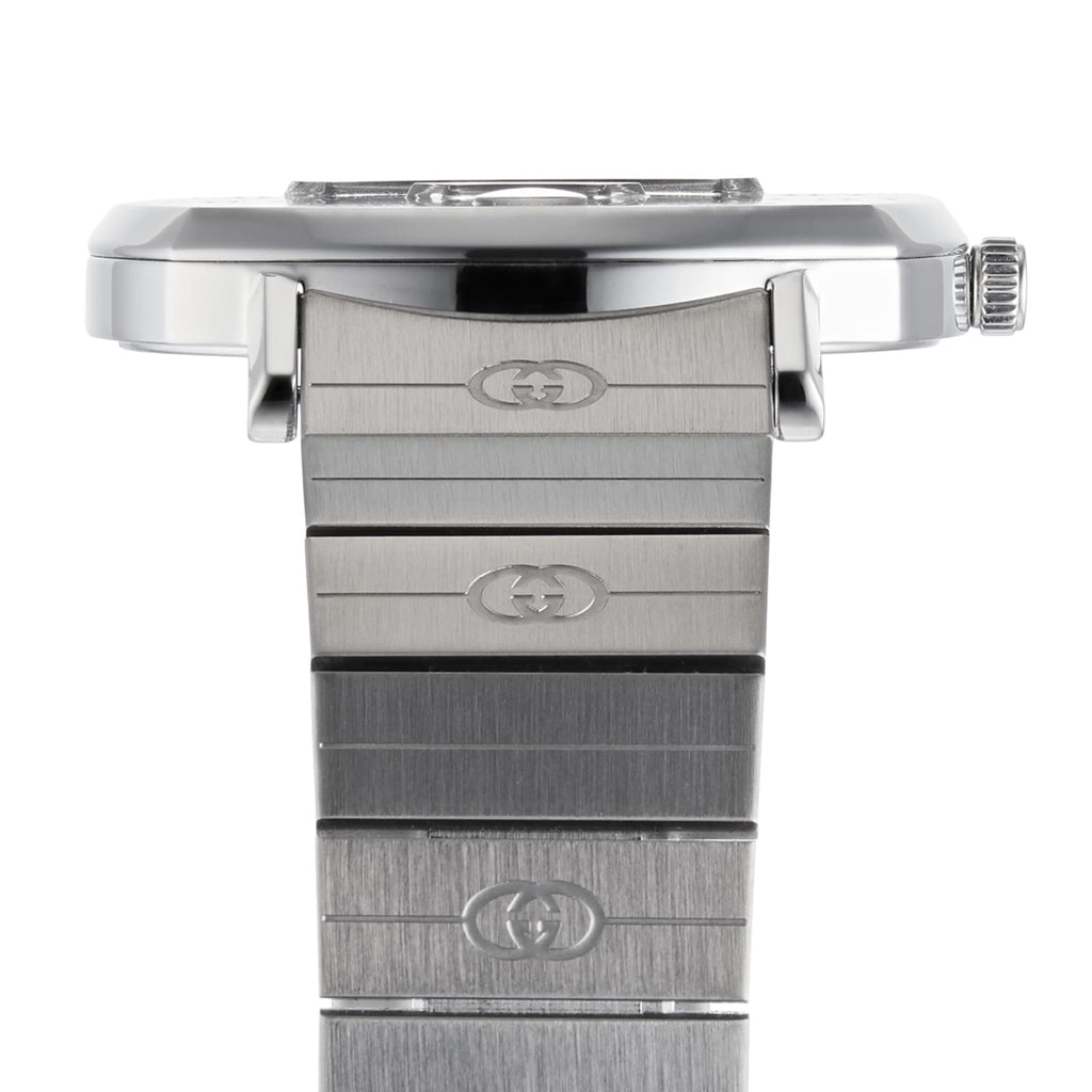 Gucci Grip 35mm Stainless Steel Watch – Silver – Unisex – case profile and bracelet detail