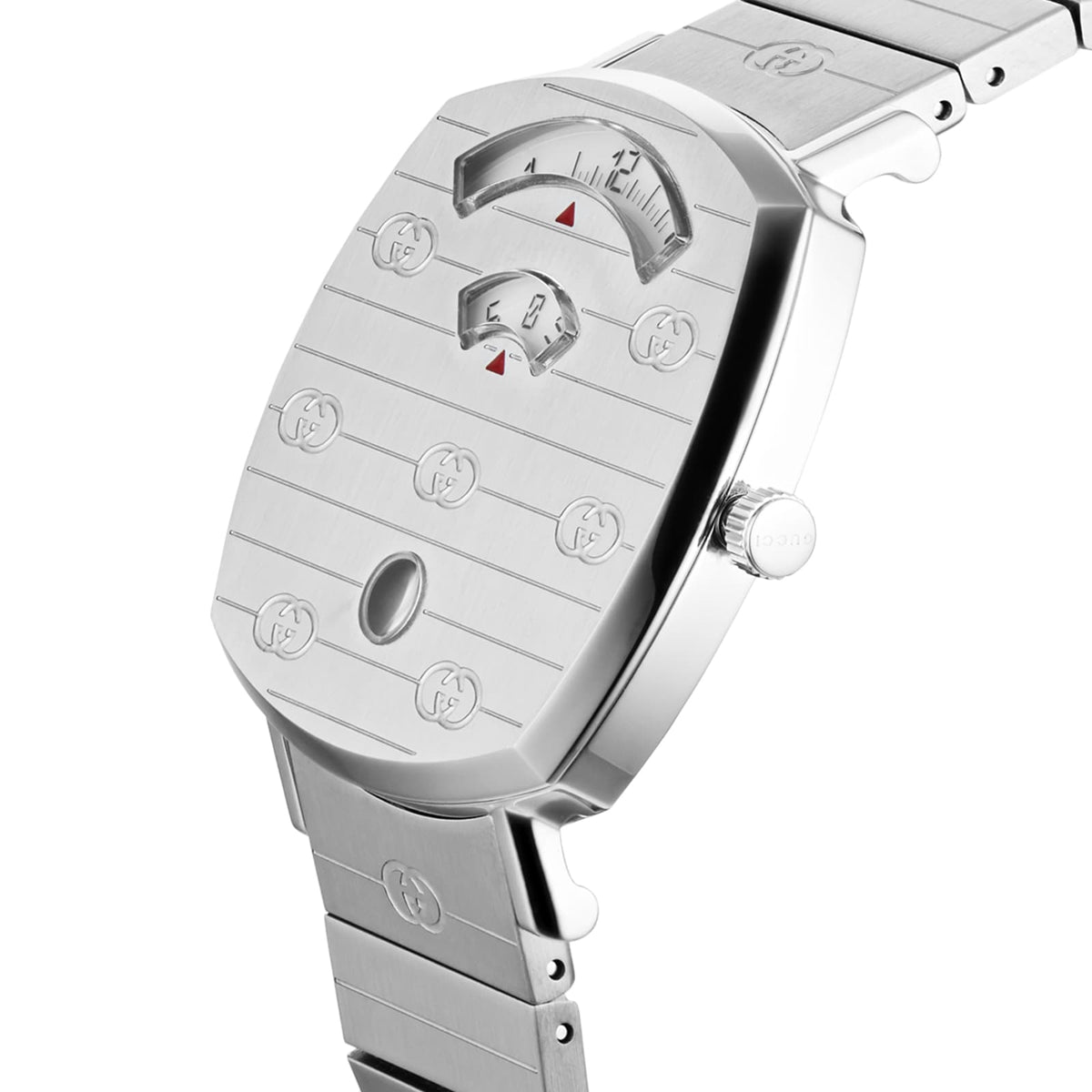 Gucci Grip 35mm Stainless Steel Watch – Silver – Unisex – case, crown and bracelet detail