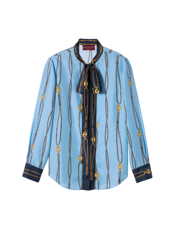 Gucci Marina Chain Print Silk Twill Tie-Neck Shirt – Light Blue – Women