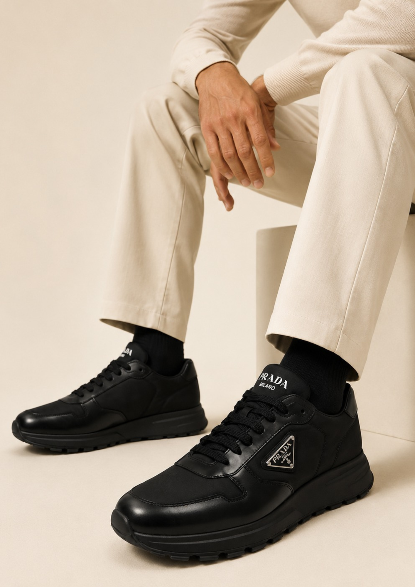 Prada Prax 01 Re-Nylon and Leather Brushed Sneakers Black Men
