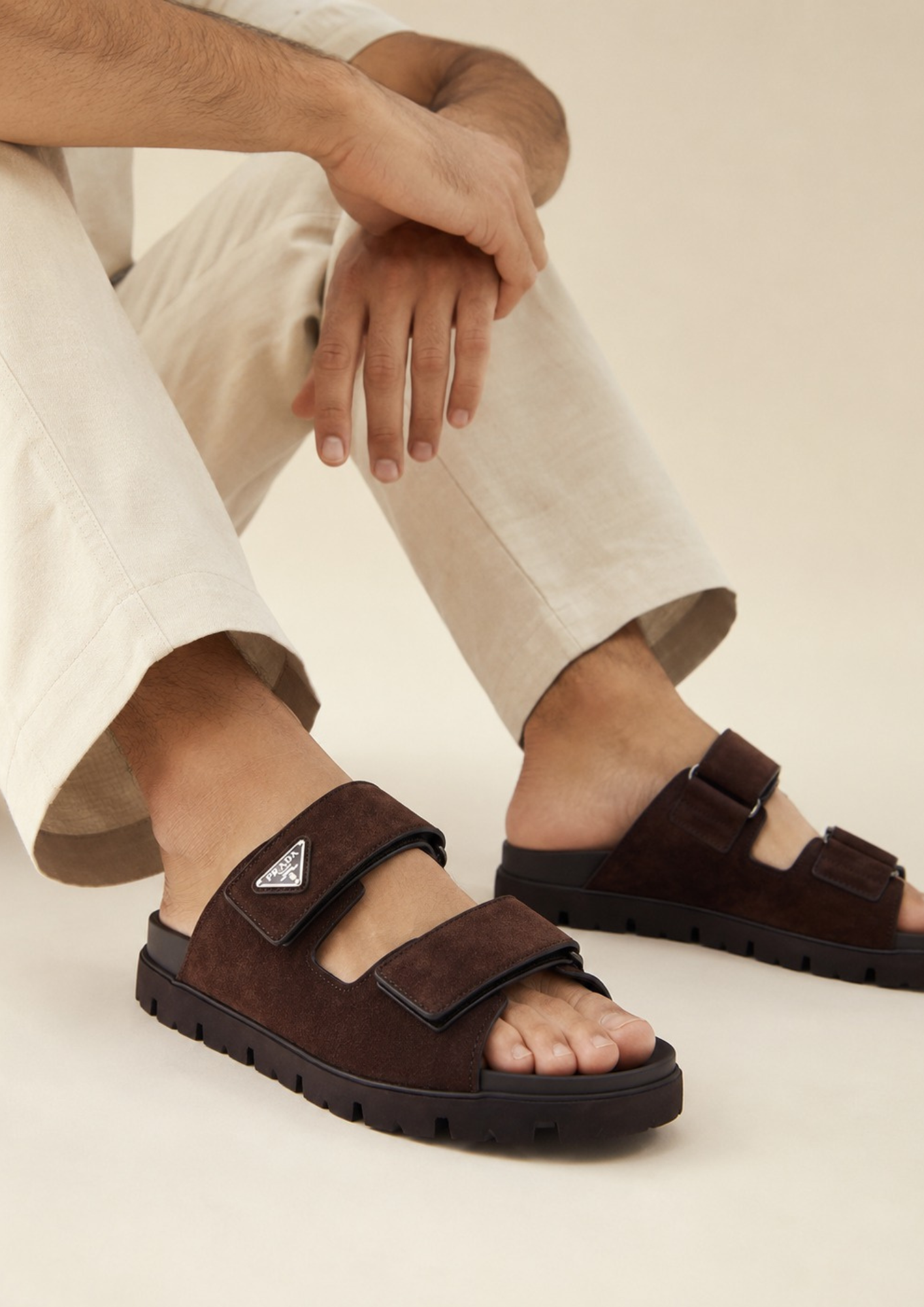 Prada Suede Double-Strap Slides Dark Brown Men