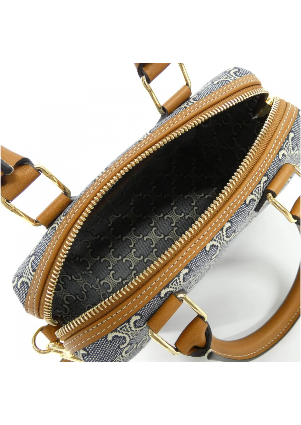 Celine Small Boston Triomphe Jacquard & Calfskin Handbag – Navy/Ecru – Women