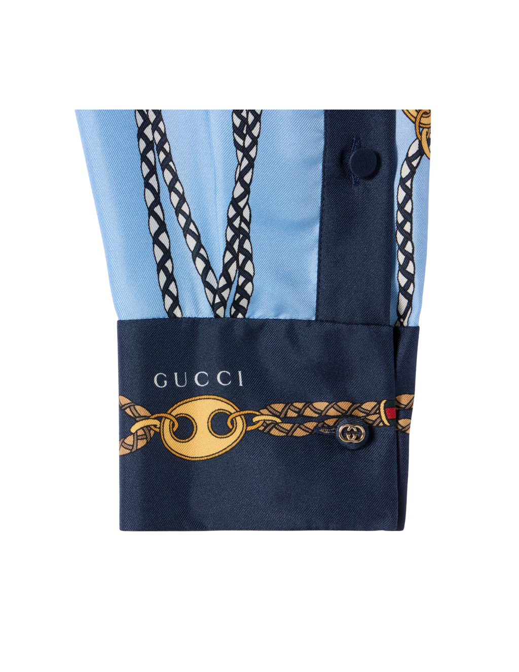 Gucci Marina Chain Print Silk Twill Tie-Neck Shirt – Light Blue – Women