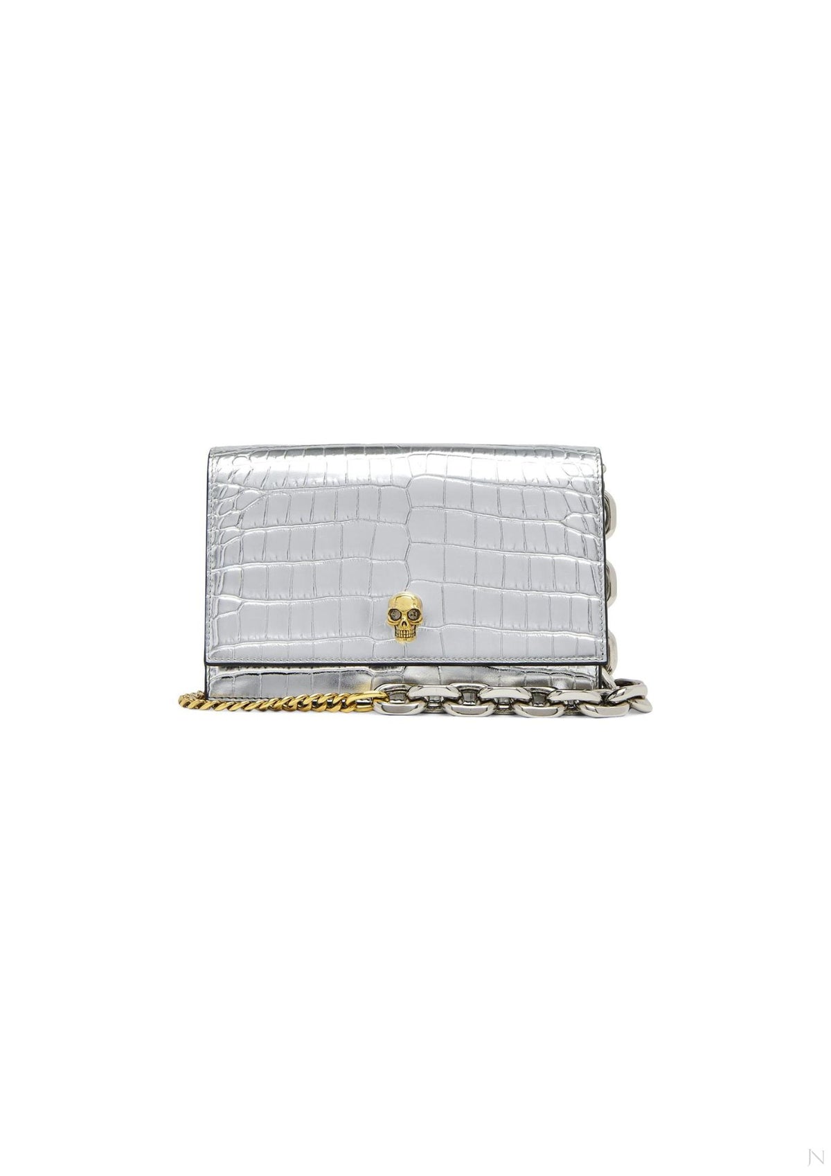 Alexander McQueen Small Skull Croc-Embossed Leather Crossbody Bag – Silver – Women