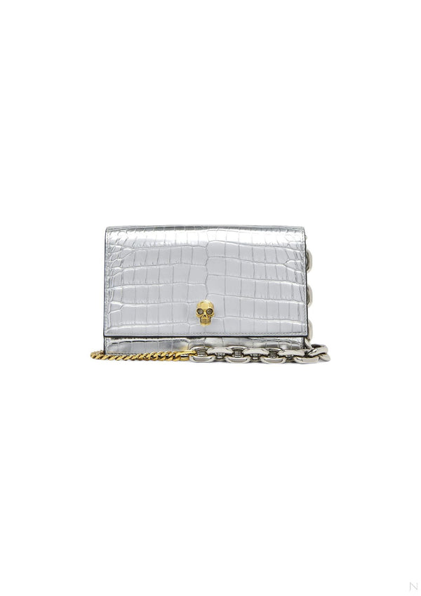 Alexander McQueen Small Skull Croc-Embossed Leather Crossbody Bag – Silver – Women