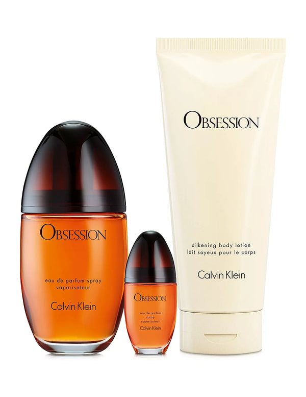 Calvin Klein Obsession Gift Set Eau de Parfum 100ml + Eau de Parfum 15ml + Silkening Body Lotion – Women – complete set overv