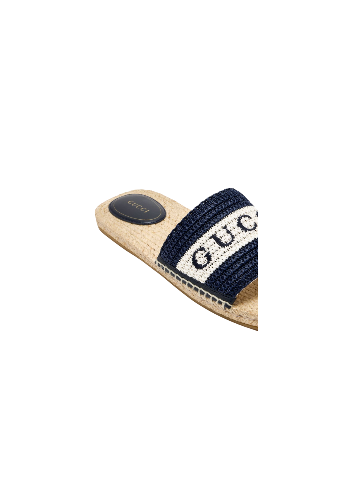 Gucci Women's Crochet Raffia Slide Sandals – Blue and White Logo Design