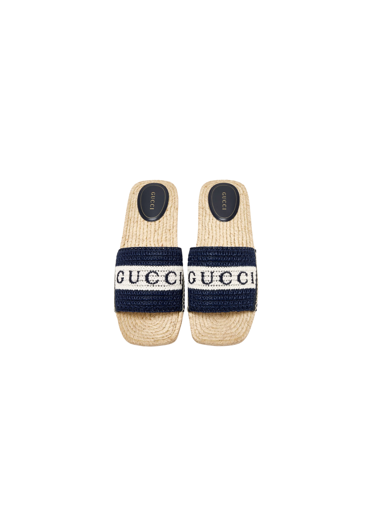 Gucci Women's Crochet Raffia Slide Sandals – Blue and White Logo Design