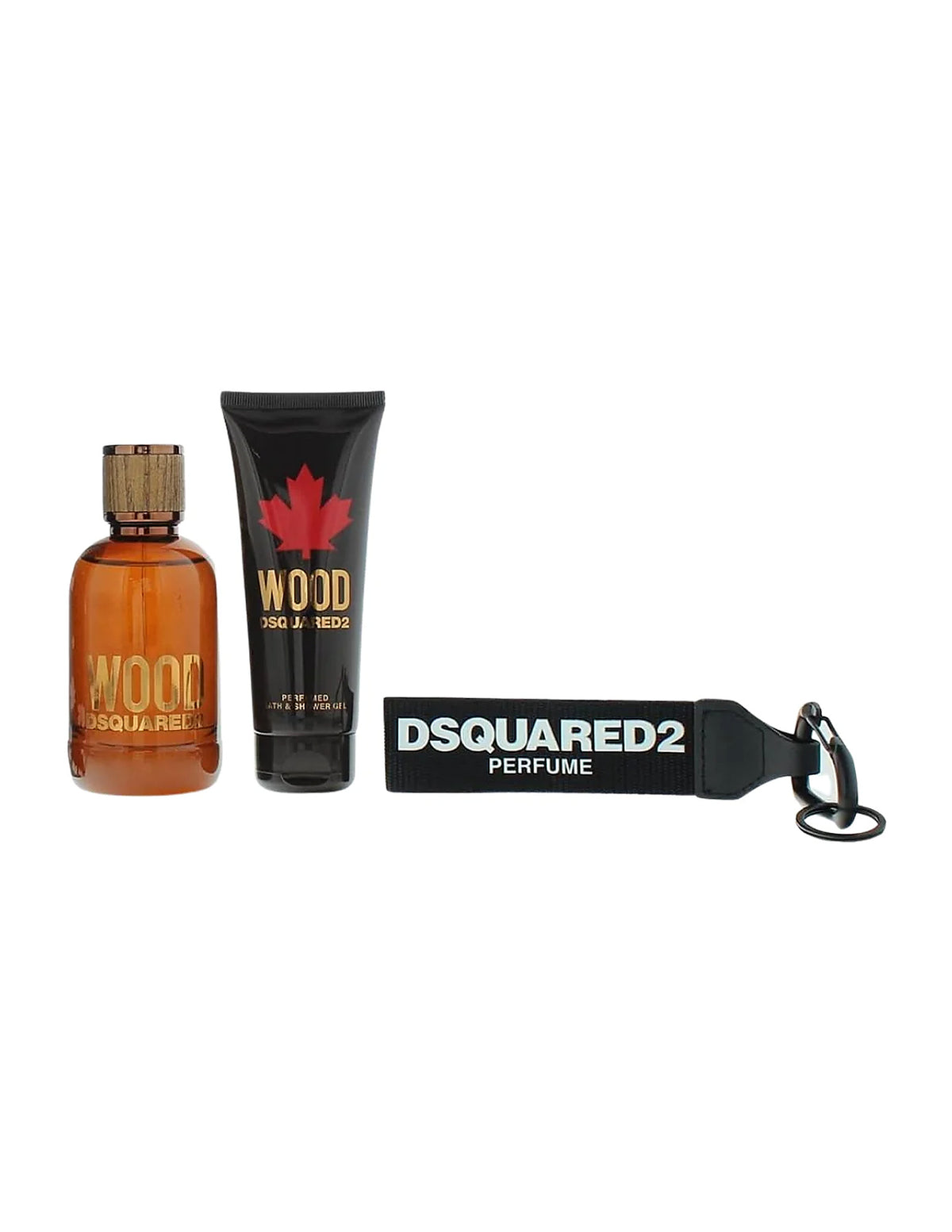 Dsquared2 Wood Gift Set Eau de Toilette 100ml + Body & Shower Gel 100ml + Black Key Ring – Men – complete set overview