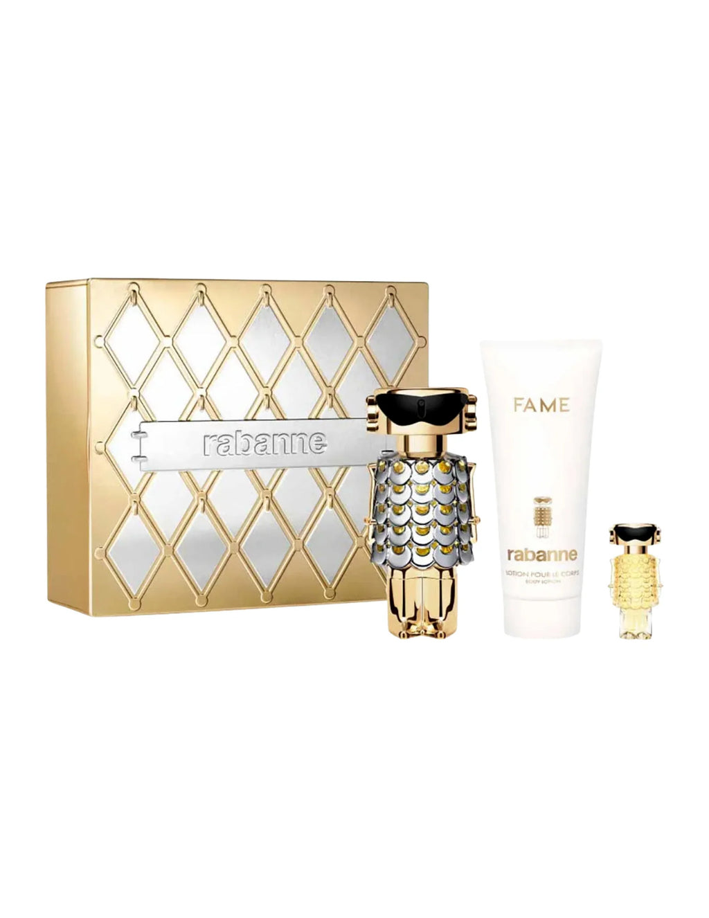Rabanne Fame Gift Set Eau de Parfum 80ml + Eau de Parfum 4ml + Body Lotion 100ml – Women – complete set overview